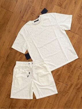 LV Men Monogram Summer White Embossed Short Sleeve Tee and Drawstring Shorts Set
